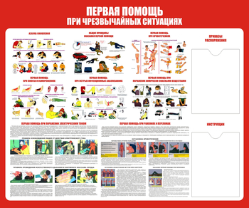 С19 Стенд первая помощь (при чрезвычайных ситуациях) (1200х1000 мм, карманы, пластик ПВХ 3 мм, алюминиевый багет серебряного цвета) - Стенды - Стенды по первой медицинской помощи - Магазин охраны труда и техники безопасности stroiplakat.ru
